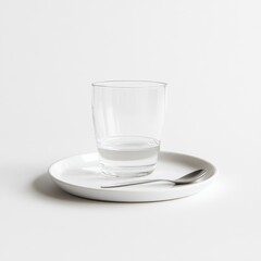 A simple glass of water on a plate with a spoon, emphasizing minimalism and functionality.