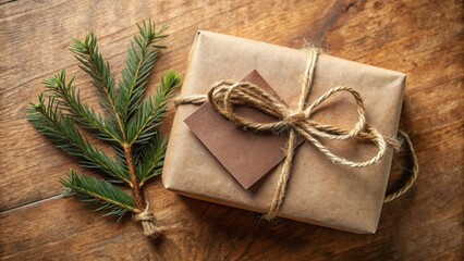 A simple brown gift box with twine and a blank tag lies on a woodgrain surface, decorated with a sprig of evergreen foliage.