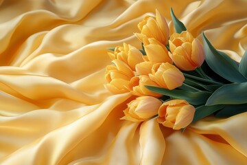 Obraz premium Yellow tulips are scattered across a shimmering yellow silk background, creating a vibrant and luxurious display, perfect for celebrating March 8th or Valentine's Day