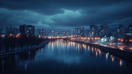 Fototapeta premium A river cutting through a city under a cloudy night sky, city lights reflecting off the water, creating a moody urban landscape.