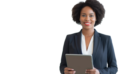 Portrait of a African American successful business woman using digital tablet on transparent background PNG.
