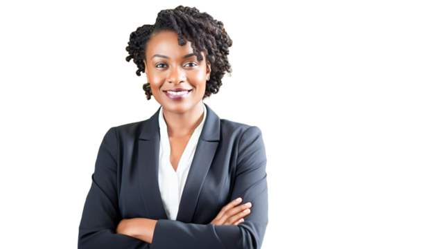 Happy African American business woman standing on transparent background PNG.