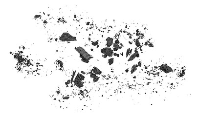 Pieces of charcoal dust isolated on a white background, top view. Charcoal chunks.