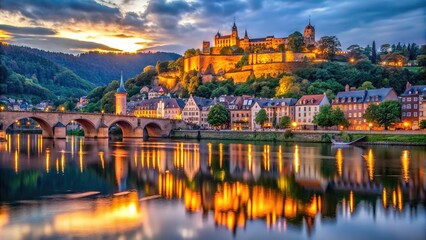 Fototapeta premium Heidelberg's twilight magic: castle reflects in the old town.