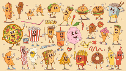 Fast food and breakfast cartoon retro groovy characters. Vintage hippie burger, pizza, sandwich and drinks with dessert vector personages. Cute hot dog, french fries, soda, coffee, donut and ice cream © Vector Tradition