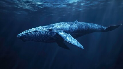 Obraz premium A blue whale swims gracefully through the deep blue ocean, sunlight filtering through the water above.