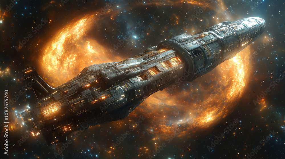Poster A futuristic spaceship exploring a vibrant nebula in deep space against a backdrop of swirling cosmic colors. Generative AI