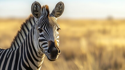 Naklejka premium Close-Up Portrait of a Majestic Zebra in its Natural Habitat, Capturing the Unique Stripes and Expressive Eyes Under the Warm Glow of the Golden Hour
