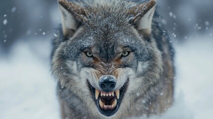 Obraz premium Close-up of a Fierce Wolf in Snowy Wilderness, Showcasing Intense Expression and Sharp Fangs with a Snowy Background, Highlighting Nature's Raw Beauty