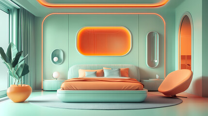 Futuristic bedroom with mint green and orange accents evokes a sense of modern luxury and space travel. Minimalist Modern Art. Illustration