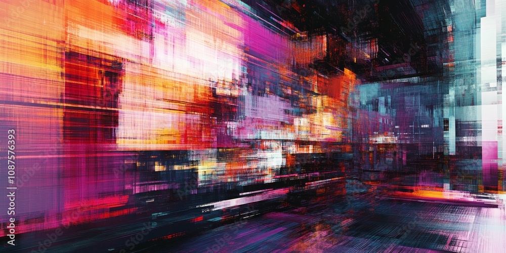 Fototapete abstract art showcasing the effects of technology and noise, featuring pixel distortion and computer