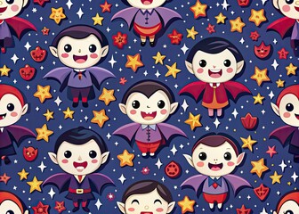 Naklejka premium Cute Vampire Characters with Capes in a Whimsical Pattern for Fun Halloween Decor