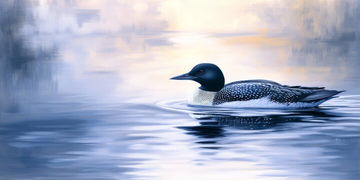 Common Loon gracefully floating on water, showcasing its striking appearance. The Common Loon is a captivating sight as it glides effortlessly across the serene waters.