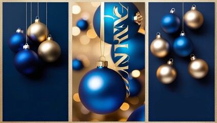 Matte Christmas background with blue and gold ornaments and festive decor