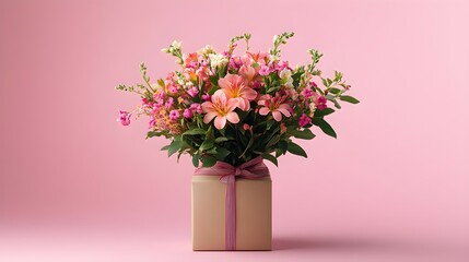 Fototapeta premium Gift box and bouquet of flowers on pink background. Happy Mothers Day concept