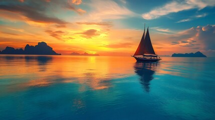 Fototapeta premium Breathtaking Sunset Sailboat Gliding Across Serene Turquoise Waters