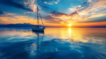 Fototapeta premium Sailing Boat Cruising Across Tranquil Waters at Magical Sunset