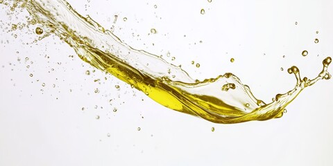 Olive oil splashing dramatically against a pristine white background creates a vibrant visual of olive oil, showcasing its rich texture and dynamic movement in a stunning isolated composition.