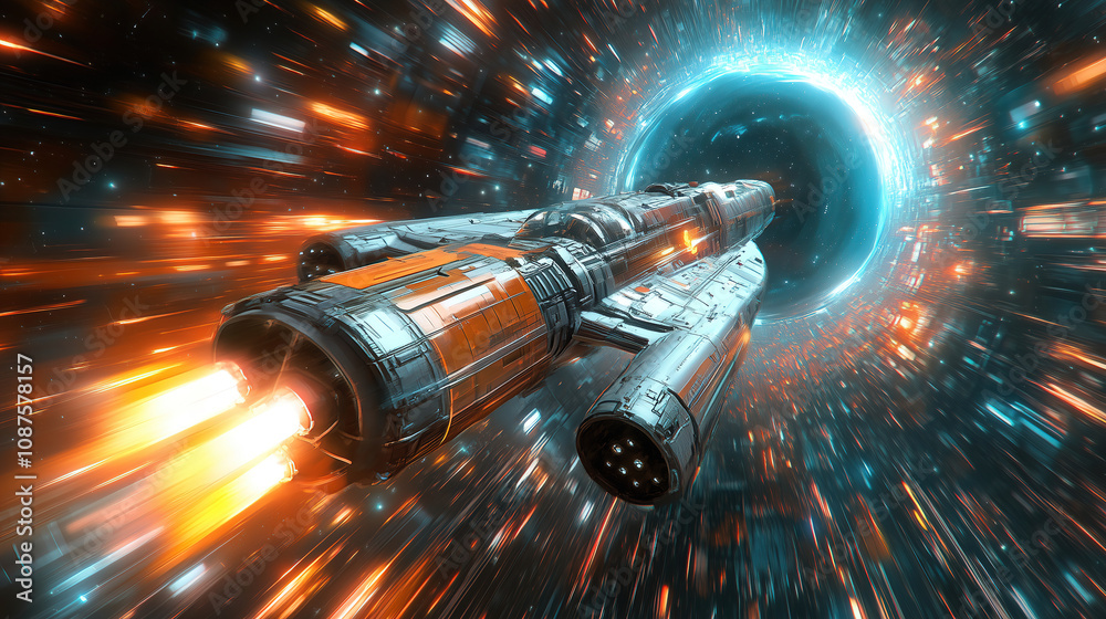 Aufkleber a futuristic spacecraft travels through a vibrant wormhole in deep space at high speed during a cosm