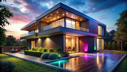 Obraz premium Eco-friendly House with Digital Illumination in a Dark Futuristic Setting