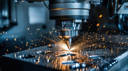 Industrial CNC Machine Cutting Metal with Sparks Flying