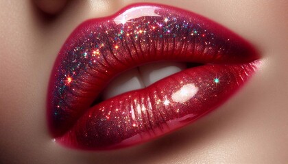 Close-up of plump, iridescent lips with glitter makeup for beauty and fashion photography