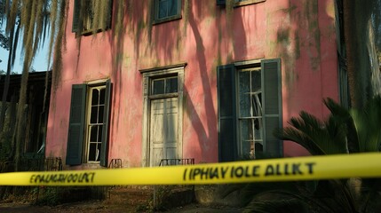 Fototapeta premium Police tape encircling an abandoned house, symbolizing caution and the need for vigilance in neglected areas, emphasizing the importance of community safety and awareness.
