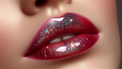Obraz premium Close-up of plump, iridescent lips with glitter makeup for beauty and fashion photography