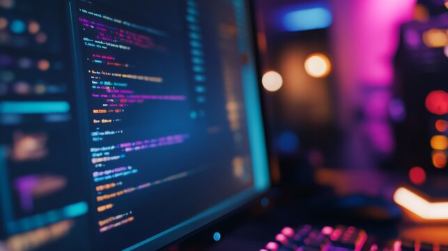 The screen displays lines of colorful code in a dark, well-equipped workspace illuminated by ambient lights. - Powered by Adobe