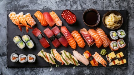 A beautifully arranged sushi platter with various types of sushi and sashimi, served on a black slate