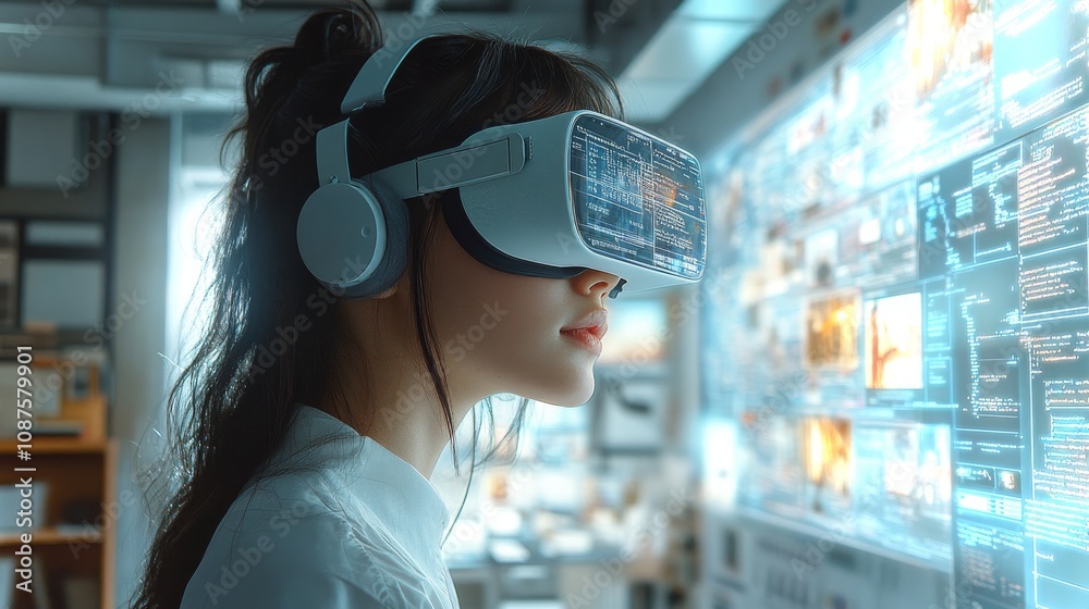 Poster a woman engages in virtual reality coding in a modern tech workspace during a creative session