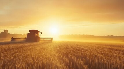 Obraz premium Golden Harvest Sunset - Combine harvester at sunset, harvesting wheat, agriculture, rural landscape, golden hour.