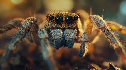 Close-Up of a Hairy Spider with Prominent Eyes and Detailed Texture, Showcasing the Beauty of Nature&rsquo;s Intricate Creatures in a Macro Photography Style