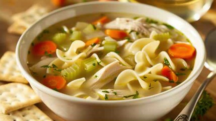 A bowl of comforting chicken noodle soup with tender chicken, carrots