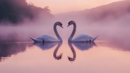Fototapeta premium Serene Swans Gliding on Misty Lake at Sunrise, Reflecting Soft Colors of Dawn in Tranquil Water and Creating a Romantic Atmosphere for Nature Lovers