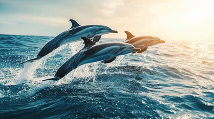 Fototapeta premium Majestic Dolphins Leaping Above Waves at Sunset in a Vibrant Ocean Scene Capturing the Beauty and Grace of Marine Life in a Serene Natural Environment
