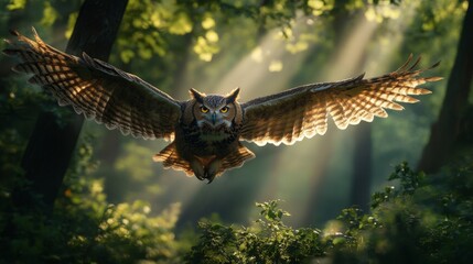Fototapeta premium Majestic Owl in Flight Through Lush Forest with Sunbeams Illuminating Its Stunning Feathers and Intense Gaze, Capturing Nature's Splendor at Dawn