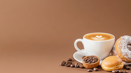 Warm Coffee Cup with Heart Latte Art Surrounded by Fresh Pastries and Coffee Beans on a Brown Background for Cozy Café Vibe