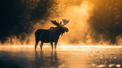 Naklejka premium Majestic Moose Standing in Misty Water at Sunrise Surrounded by Golden Light and Lush Forest in Scenic Wilderness Landscape