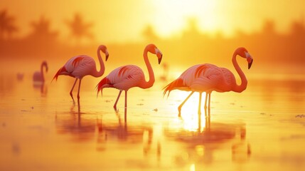 Obraz premium Graceful Flamingos Walking Along a Serene Sunset Shoreline, Illuminated by Golden Light with Tropical Palms in the Background, Capturing Nature's Beauty