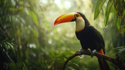 Obraz premium Vibrant toucan perched on a branch in a lush tropical rainforest filled with greenery and sunlight illuminating the serene environment showcasing nature's beauty
