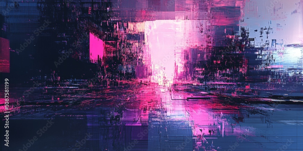 Poster abstract art showcasing the effects of technology and noise, featuring pixel distortion and computer