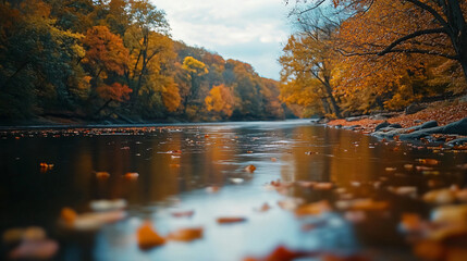Obraz premium A serene autumn riverbank, with golden and red leaves gently floating on the water, surrounded by trees with vibrant fall colors