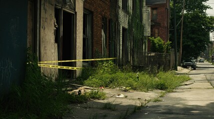 Police tape encircling an abandoned house, symbolizing caution and the need for vigilance in neglected areas, emphasizing the importance of community safety and awareness.