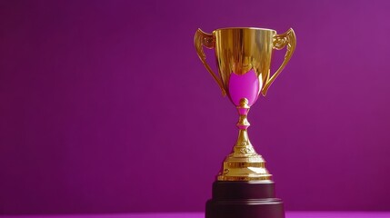 Fototapeta premium Golden Trophy on Purple Background: Achievement and Success - Golden trophy on purple backdrop symbolizes victory, success, achievement, leadership, and excellence.