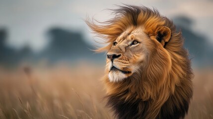 Obraz premium Majestic Lion in Serengeti Grassland at Sunset, Exuding Strength and Regal Beauty with Flowing Mane, Capturing Nature's Splendor in Vibrant African Landscape