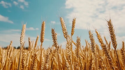 Fototapeta premium Golden Wheat Field Under a Blue Sky - Serene golden wheat field, ripe harvest, sunny day, agricultural abundance, nature's bounty.