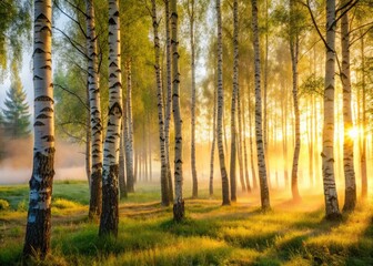 Obraz premium Enchanting Morning Fog in a Birch Tree Grove - Stunning Night Photography of Nature's Beauty