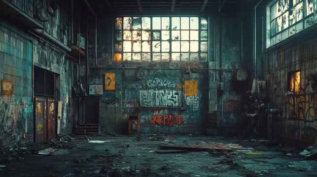 Abandoned factory with cyberpunk graffiti art: Urban exploration in industrial ruins, shallow depth of field, f/1.8 aperture, Canon EF 100mm f/2.8L IS USM lens, soft lighting, vibrant colors