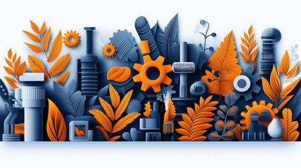 Abstract illustration of mechanical gears and organic leaves in vibrant blue and orange tones, depicting a blend of industrial and natural elements in a balanced composition.